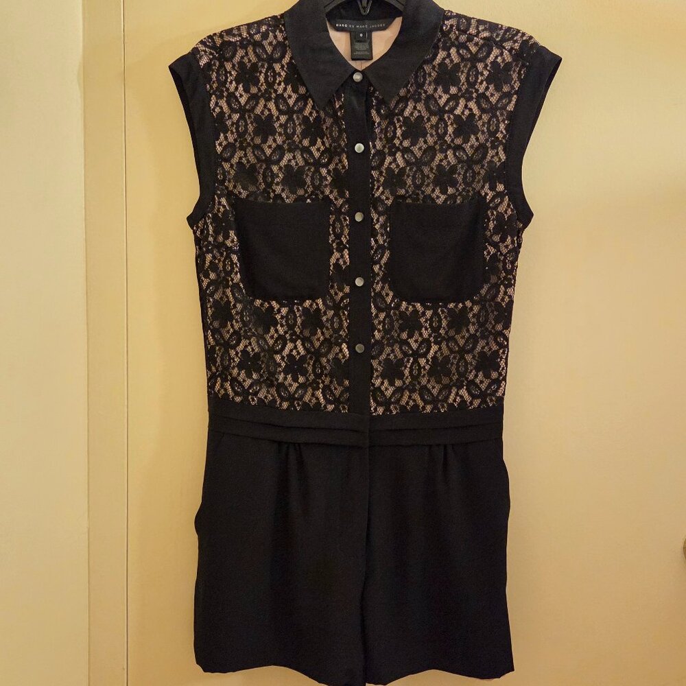 MARC BY MARC JACOBS Lace Overlay Black Romper, Silk (Size: 0)
